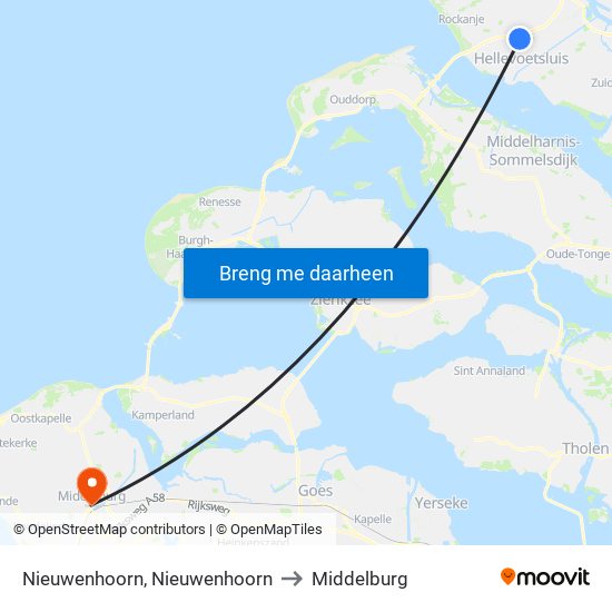 Nieuwenhoorn, Nieuwenhoorn to Middelburg map