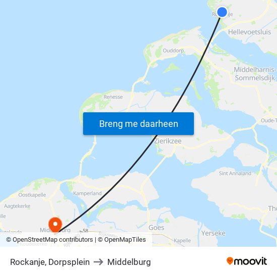 Rockanje, Dorpsplein to Middelburg map