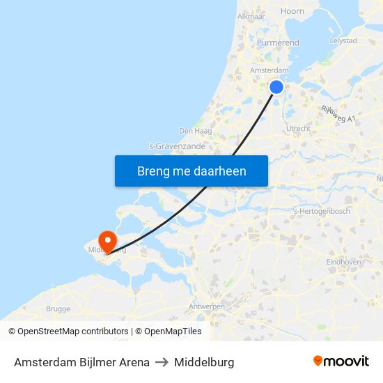 Amsterdam Bijlmer Arena to Middelburg map