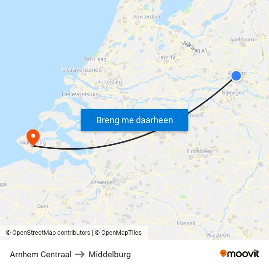 Arnhem Centraal to Middelburg map