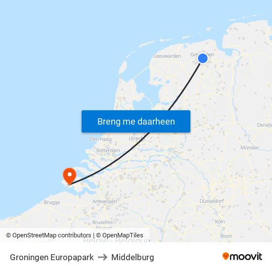 Groningen Europapark to Middelburg map