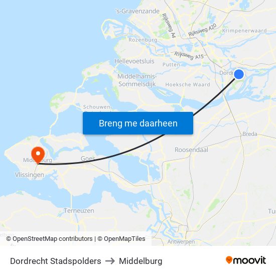 Dordrecht Stadspolders to Middelburg map