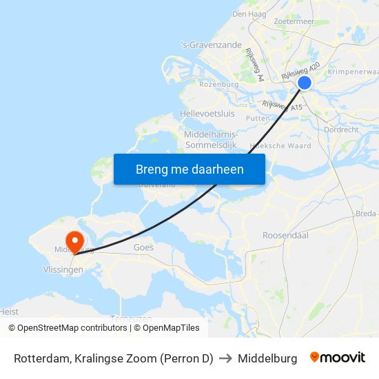 Rotterdam, Kralingse Zoom (Perron D) to Middelburg map