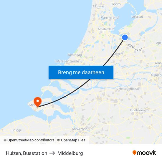 Huizen, Busstation to Middelburg map