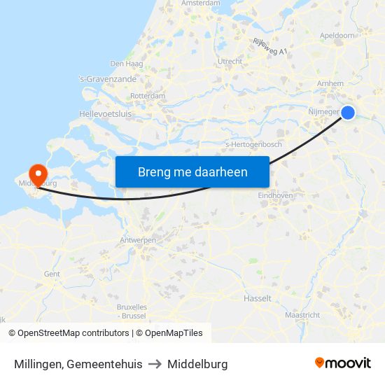 Millingen, Gemeentehuis to Middelburg map