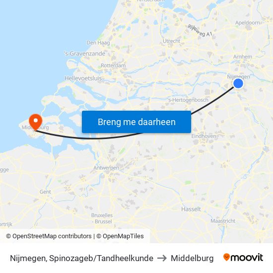 Nijmegen, Spinozageb/Tandheelkunde to Middelburg map