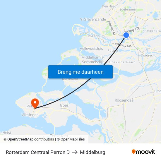 Rotterdam Centraal Perron D to Middelburg map