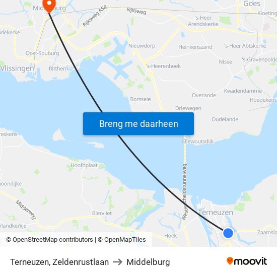 Terneuzen, Zeldenrustlaan to Middelburg map