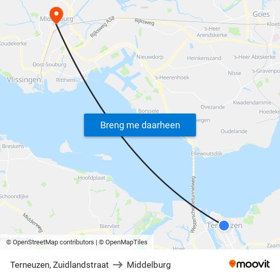 Terneuzen, Zuidlandstraat to Middelburg map