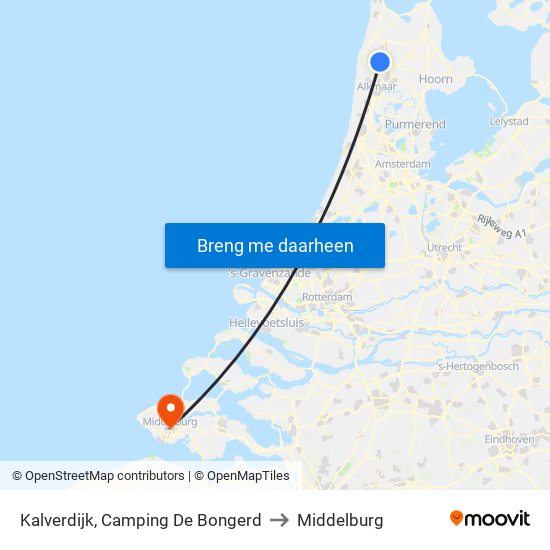 Kalverdijk, Camping De Bongerd to Middelburg map