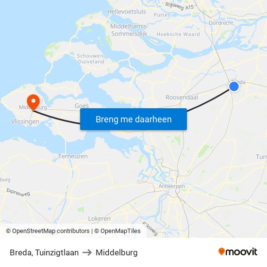 Breda, Tuinzigtlaan to Middelburg map