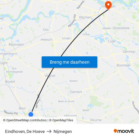 Eindhoven, De Hoeve to Nijmegen map