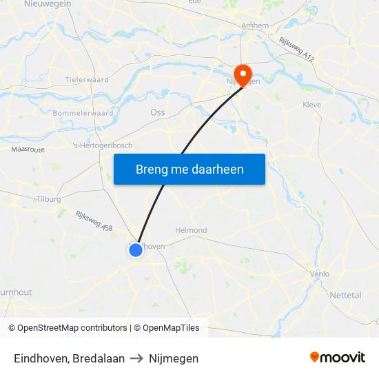 Eindhoven, Bredalaan to Nijmegen map