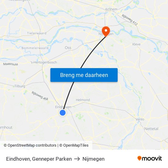 Eindhoven, Genneper Parken to Nijmegen map