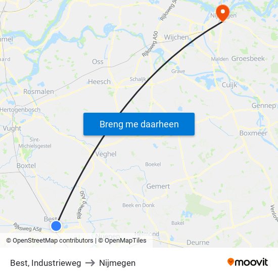 Best, Industrieweg to Nijmegen map