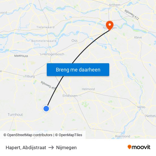 Hapert, Abdijstraat to Nijmegen map