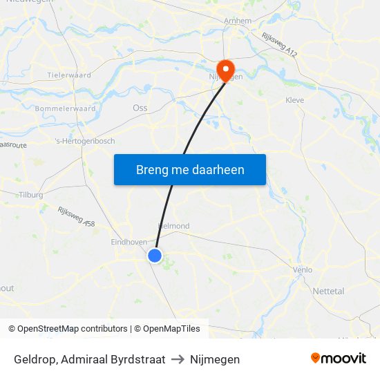 Geldrop, Admiraal Byrdstraat to Nijmegen map