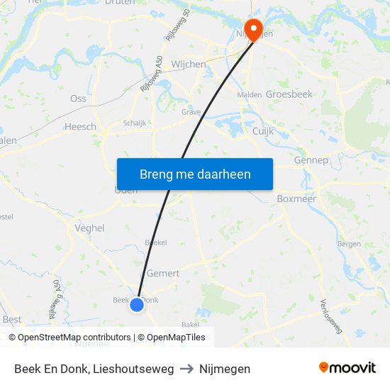 Beek En Donk, Lieshoutseweg to Nijmegen map