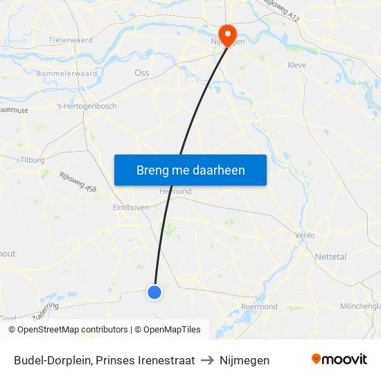 Budel-Dorplein, Prinses Irenestraat to Nijmegen map