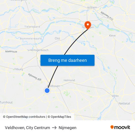 Veldhoven, City Centrum to Nijmegen map
