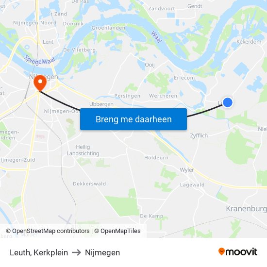 Leuth, Kerkplein to Nijmegen map