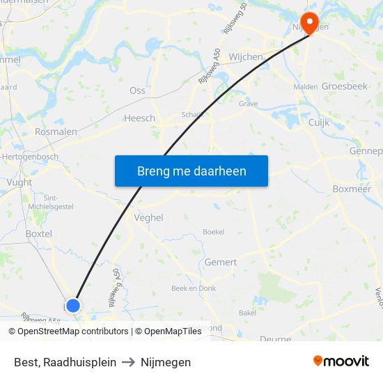 Best, Raadhuisplein to Nijmegen map