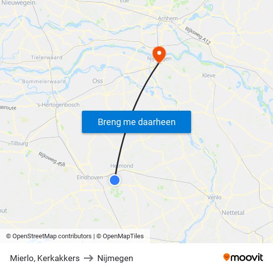 Mierlo, Kerkakkers to Nijmegen map