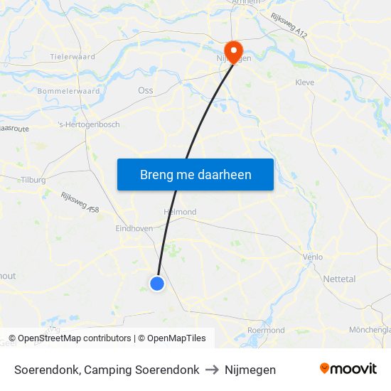 Soerendonk, Camping Soerendonk to Nijmegen map