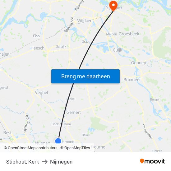 Stiphout, Kerk to Nijmegen map