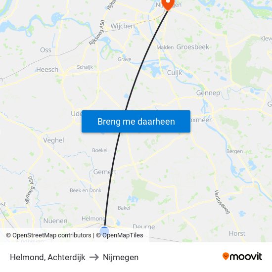 Helmond, Achterdijk to Nijmegen map