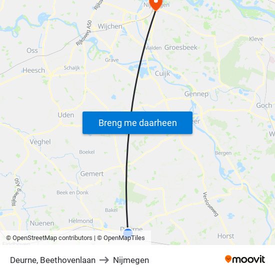 Deurne, Beethovenlaan to Nijmegen map