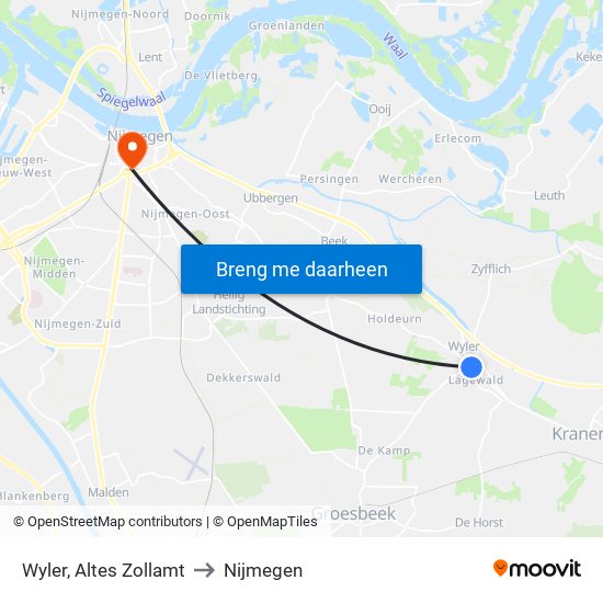 Wyler, Altes Zollamt to Nijmegen map