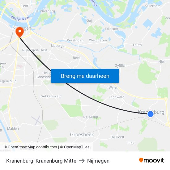 Kranenburg, Kranenburg Mitte to Nijmegen map