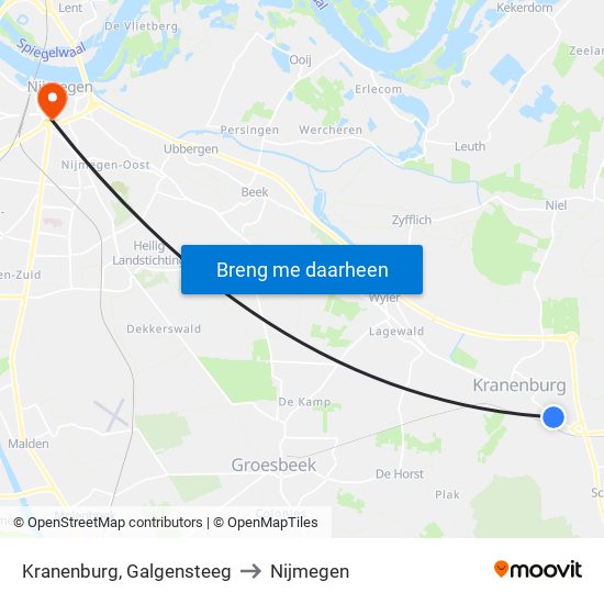Kranenburg, Galgensteeg to Nijmegen map