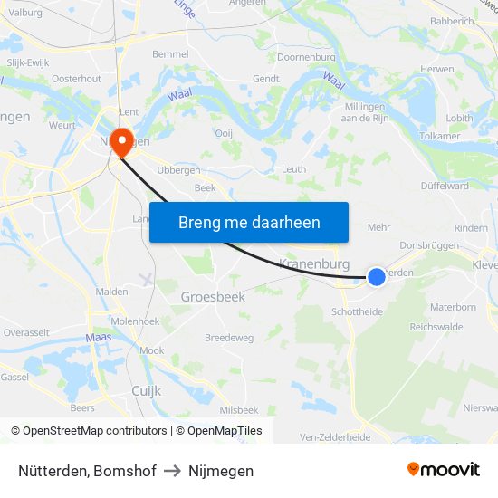 Nütterden, Bomshof to Nijmegen map