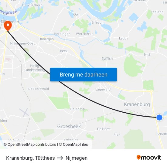 Kranenburg, Tütthees to Nijmegen map
