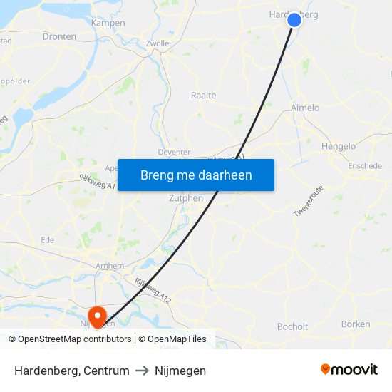 Hardenberg, Centrum to Nijmegen map