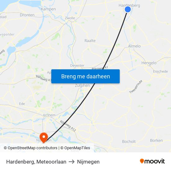 Hardenberg, Meteoorlaan to Nijmegen map