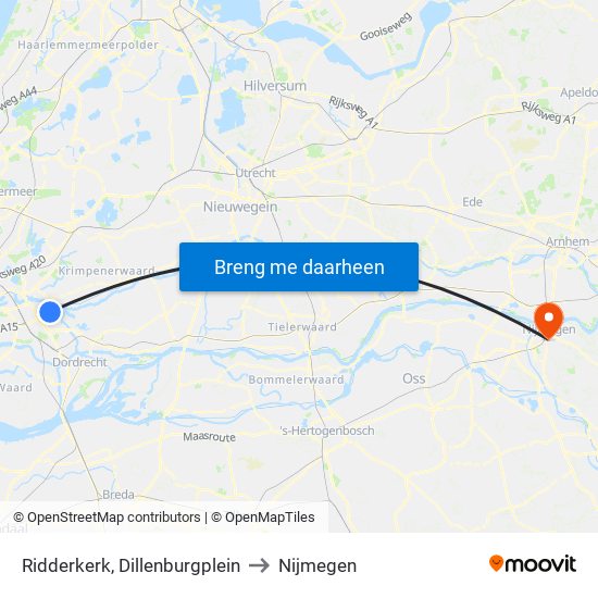 Ridderkerk, Dillenburgplein to Nijmegen map