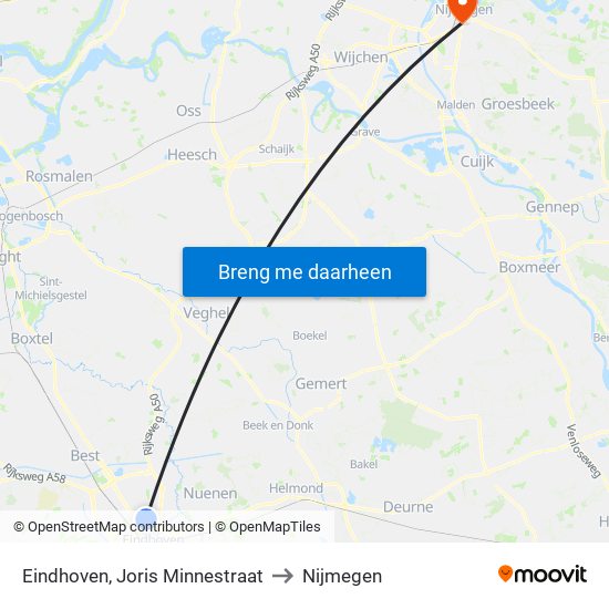 Eindhoven, Joris Minnestraat to Nijmegen map