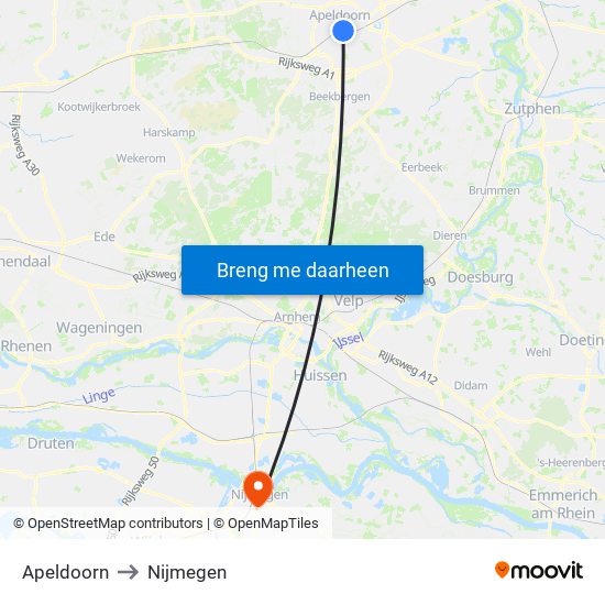 Apeldoorn to Nijmegen map