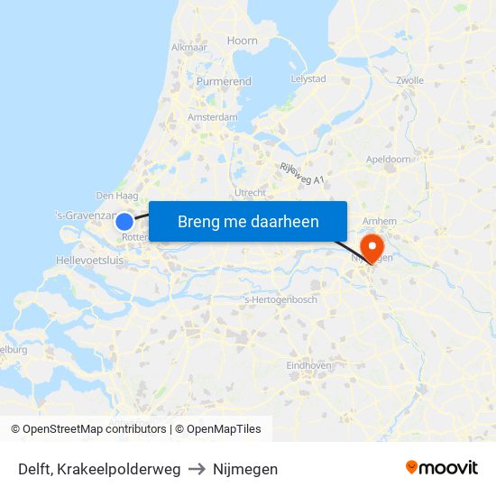 Delft, Krakeelpolderweg to Nijmegen map