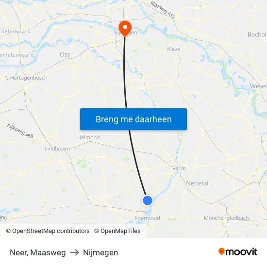 Neer, Maasweg to Nijmegen map