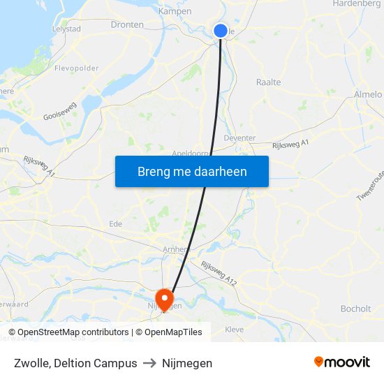 Zwolle, Deltion Campus to Nijmegen map