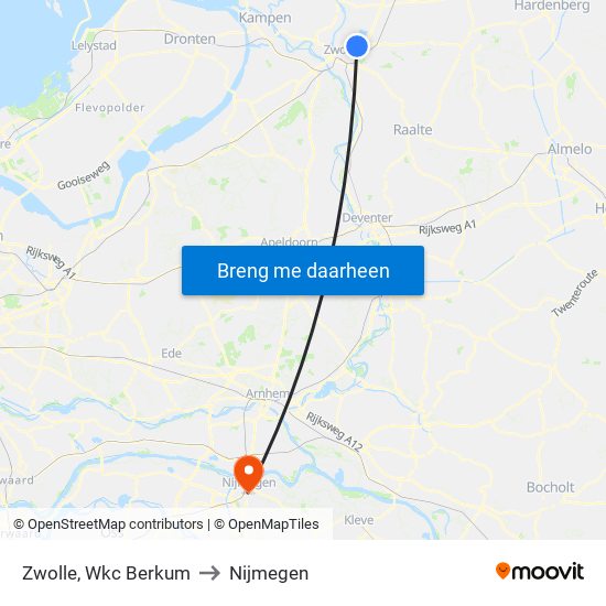Zwolle, Wkc Berkum to Nijmegen map