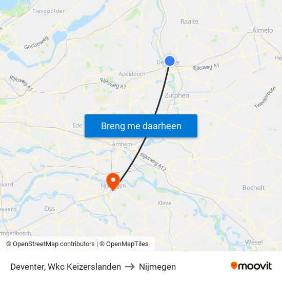 Deventer, Wkc Keizerslanden to Nijmegen map