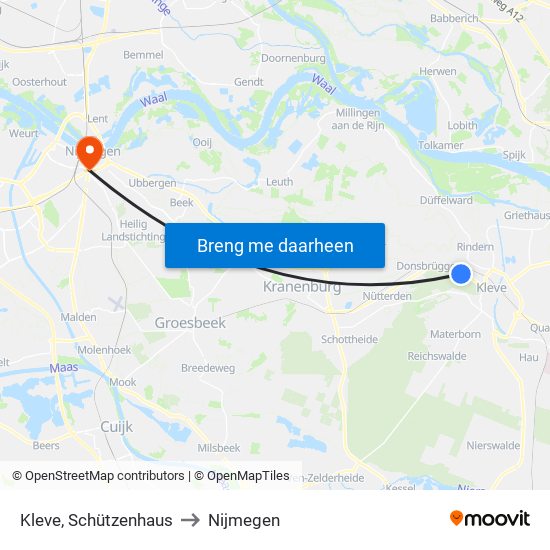Kleve, Schützenhaus to Nijmegen map