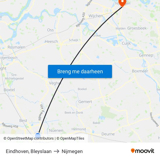 Eindhoven, Bleyslaan to Nijmegen map