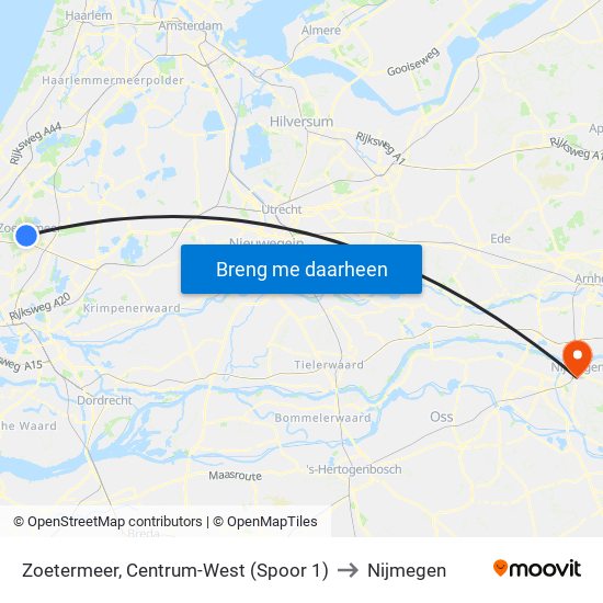 Zoetermeer, Centrum-West (Spoor 1) to Nijmegen map