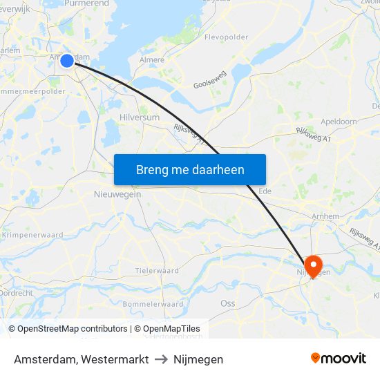 Amsterdam, Westermarkt to Nijmegen map